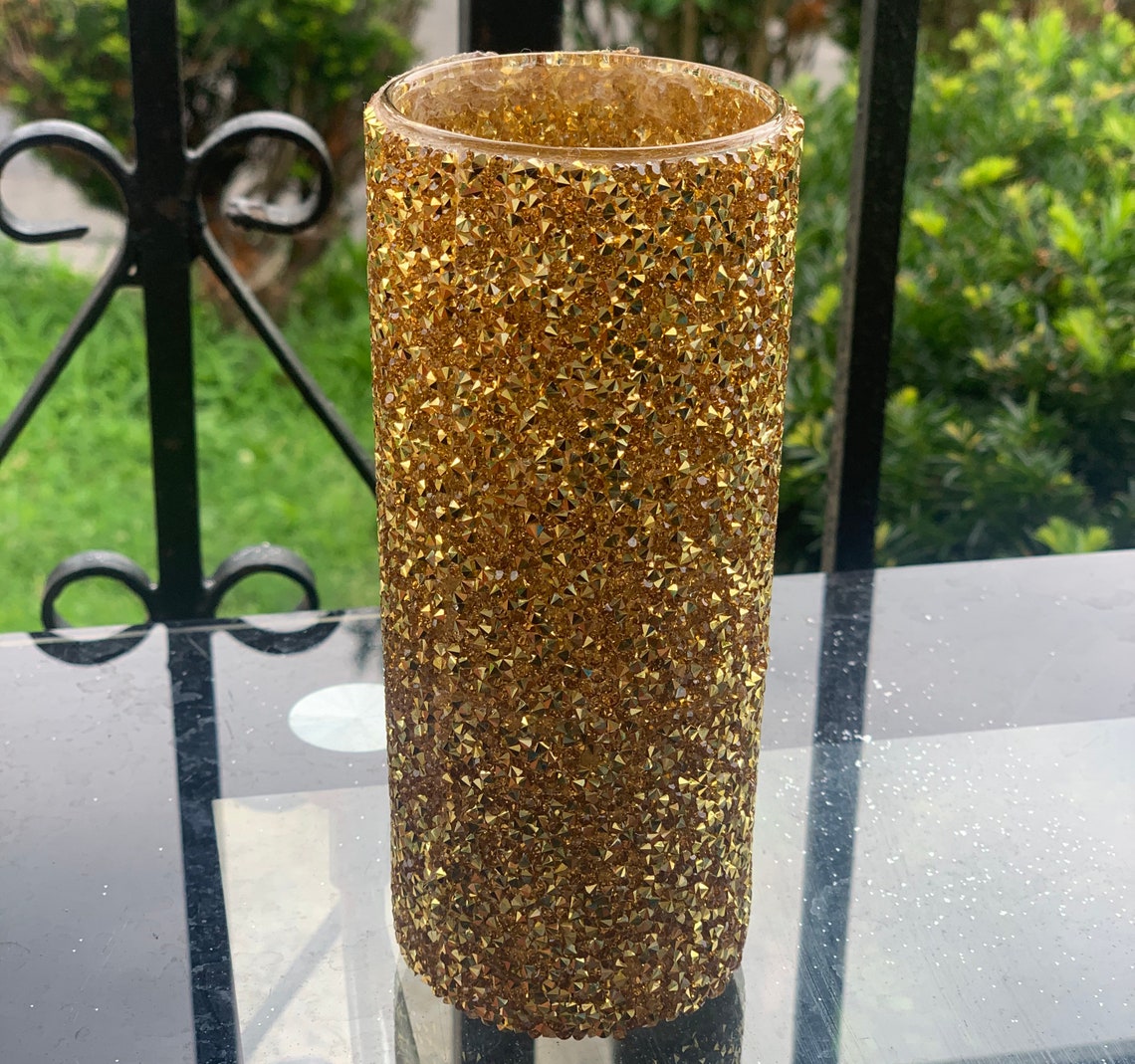 Beautiful Gold Rhinestone Glam Glass Cylinder Vase Glamour Etsy