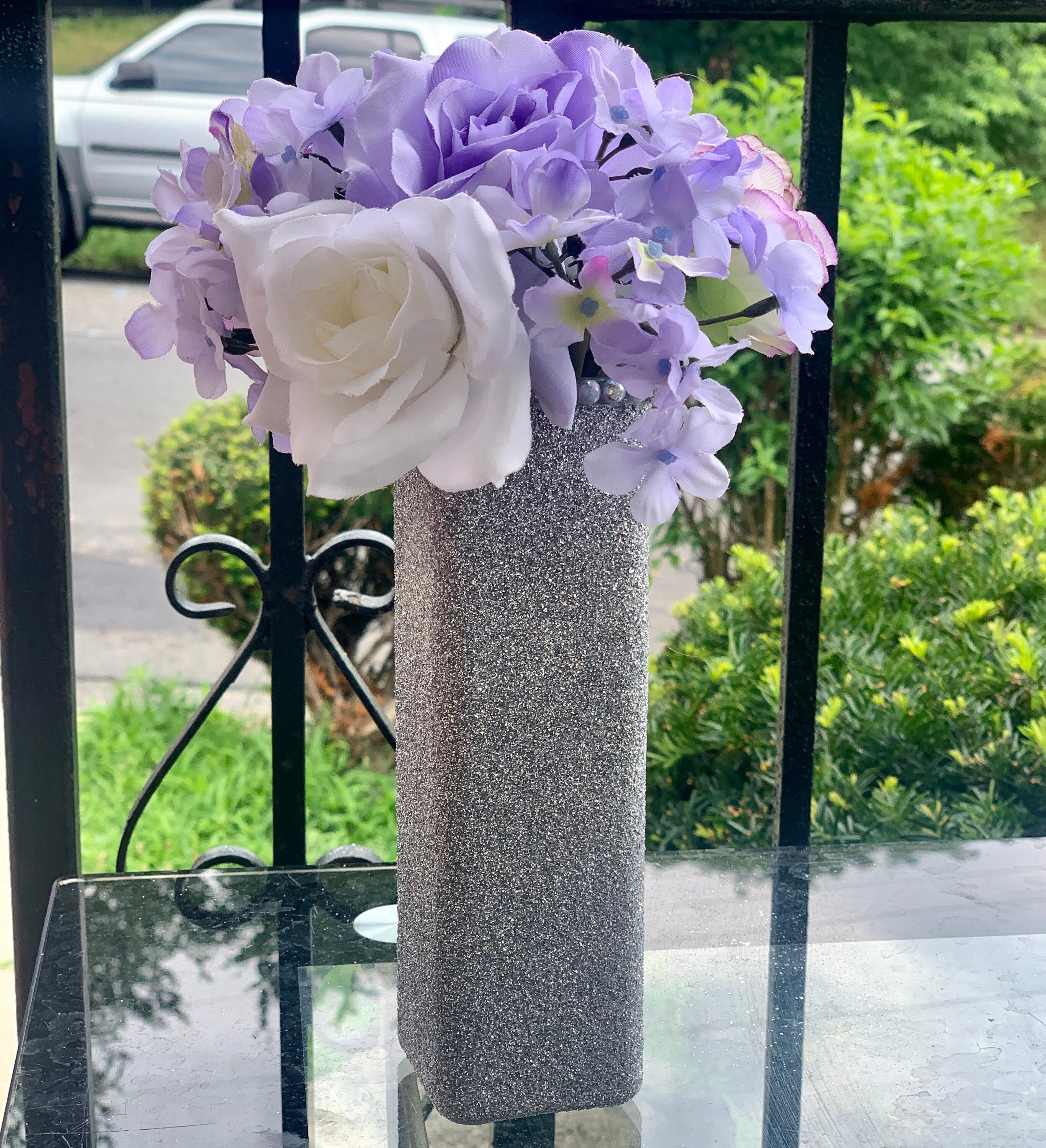 Beautiful Silver Glitter Glass Vase With Rhinestones Wedding Etsy