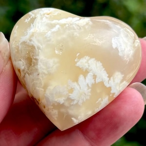 May include: A heart-shaped polished stone featuring a translucent pale yellow and cream base with distinct white, fern-like dendritic inclusions scattered across the surface. The smooth, rounded object displays a glossy finish and natural patterns.