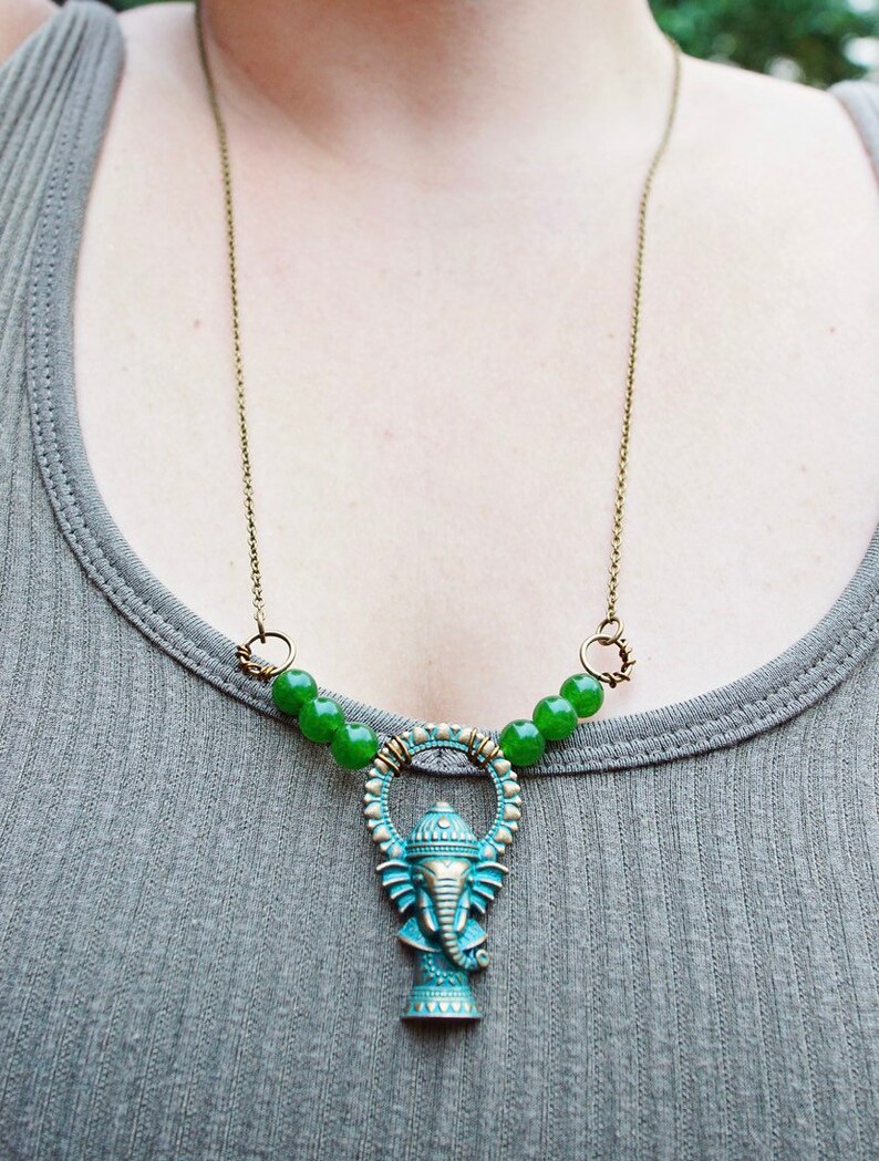 Jade /& Vintage Brass Elephant Necklace