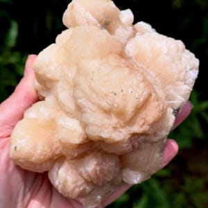 May include: A cluster of pale peach-colored stilbite crystals with a translucent, pearlescent luster. The mineral specimen features multiple radiating, fan-shaped crystal formations with a textured, layered surface and small dark inclusions.
