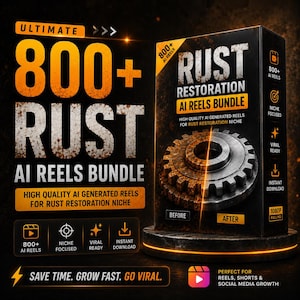 Puede incluir: Imagen promocional para un paquete de Reels de IA, con el texto "800+ RUST AI REELS BUNDLE". El diseño incluye una comparación del antes y el después de un engranaje oxidado, con las palabras "Antes" y "Después". Texto adicional destaca características como "Viral Ready" y "Descarga instantánea".