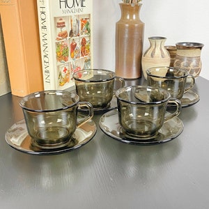 Arcoroc &#39;Fume&#39; Smoked Glass Set of Four Cups and Saucers - Vintage French Demi-Tasse Cafe - Arcoroc of France - Coffee or Tea Cup