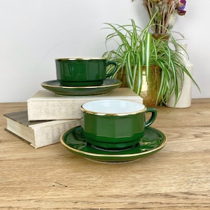 Apilco Set of Two Cappuccino Coffee Cups - 1980&#39;s Large French Cafe au Lait Vintage Bistro Style in Emerald Green with Gold Rim