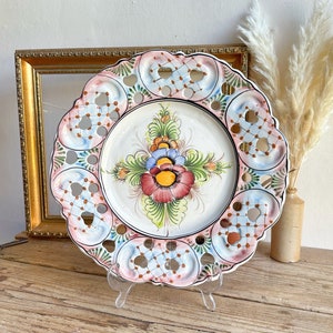 Vintage Hand-Painted Ceramic Plate: Scalloped Floral Wall Decor