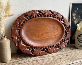 Hand Carved Wooden Elephant Tray - Decorative Serving Tray - Oval Handmade Tray - Home Decor Tray