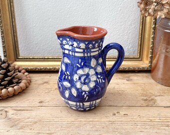 Olaria Sao Pedro do Corval Blue and White Floral Design - Algarve Portugal - Vintage Glazed Pottery Table Jug Portuguese Home Decor