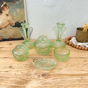 green glass dressing table set Art Deco 1930s Dressing Table Set, Green with Uranium Glow *RARE FIND* main image 0