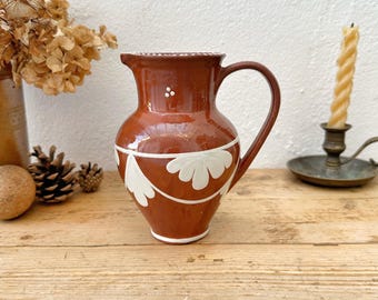 Portuguese Clay Slipware Decorative Pitcher - Handmade Mediterranean Hand Painted Terracotta Jug from Portugal