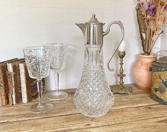 Vintage Silver Plated Glass Claret Wine Jug Decanter - Made In England Wine Carafe - Tableware - Home Bar Decor