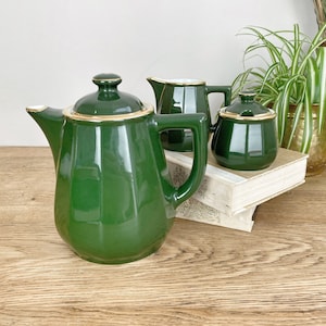 Vintage Apilco Bistro Coffee Pot, Sugar and Milk Jug Set in Emerald Green - French Vintage Cafe