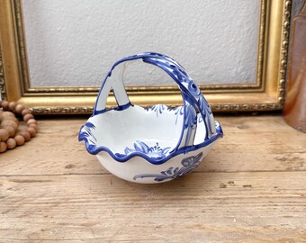 Vestal Alcobaca Hand Painted Ceramic Basket - Hand Made in Portugal - Vintage Portuguese Art