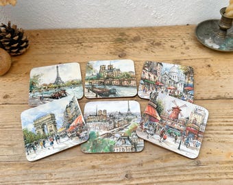 Set of Six Vintage Paris Scene Drink Coasters - Parisian Landmark Tourist Tableware - Table Setting - Retro Drink Mat Cork Base