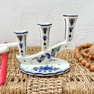 Delft Blue Hand Painted Triple Candlestick Holder - Decorative Delft Pottery Ceramic - Holland - Vintage ECHT Blue and White Home Decor