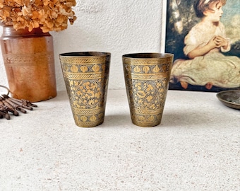 Vintage Pair of Large Brass Lassi Cups - Indian Brass Drink Set - Hand Engraved Etched Indian Brass - Set of Two