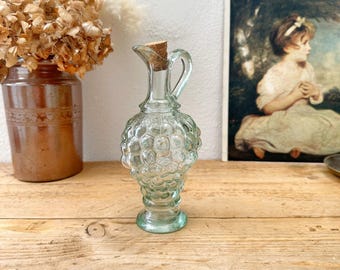 Glass Olive Oil Pouring Bottle with Cork Stopper - Vintage Pressed Glass Pourer - Retro Olive Kitchen Decor