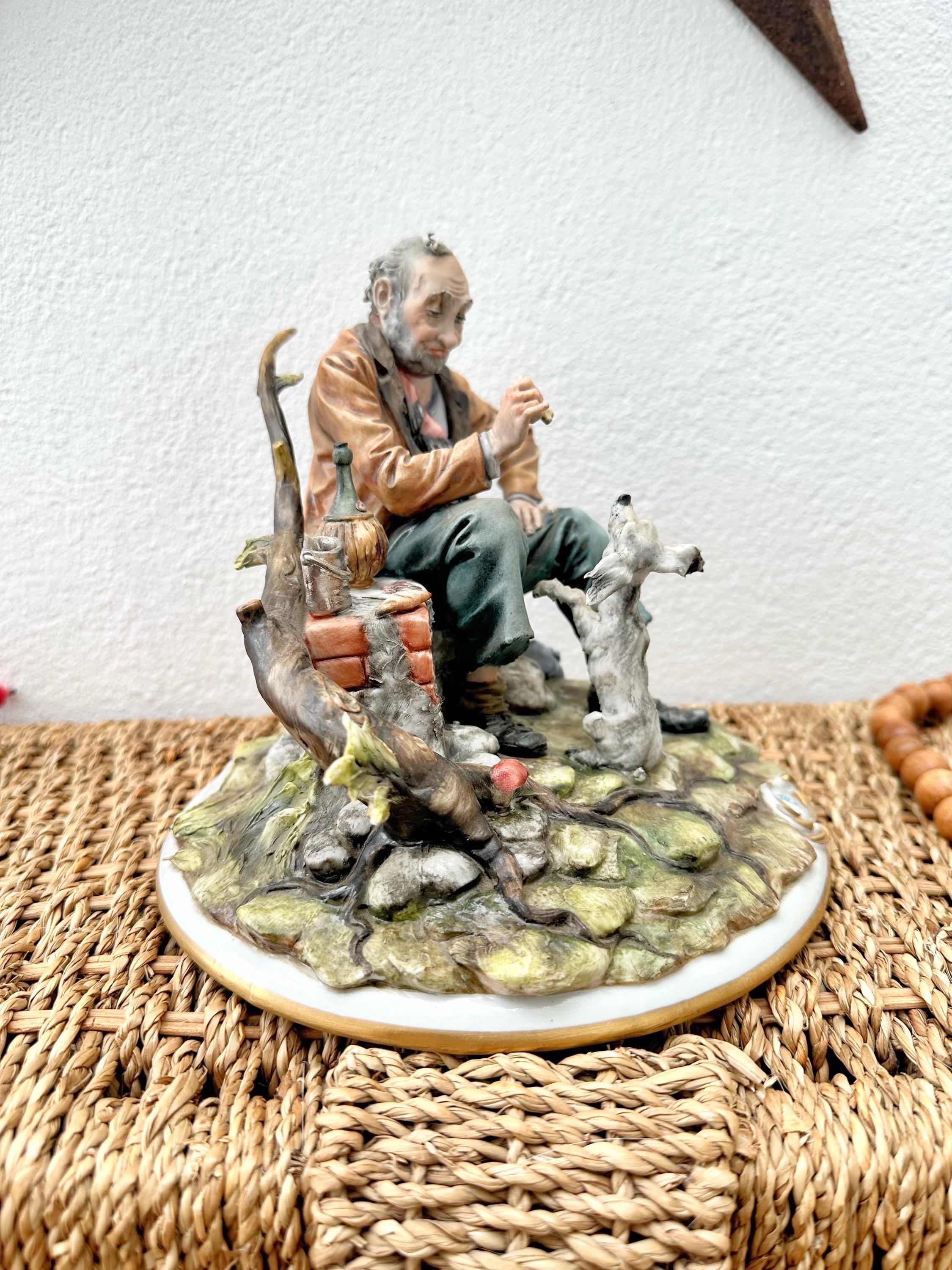 Vintage Capodimonte Figurine of an Old Man Feeding Dog, Tyche
