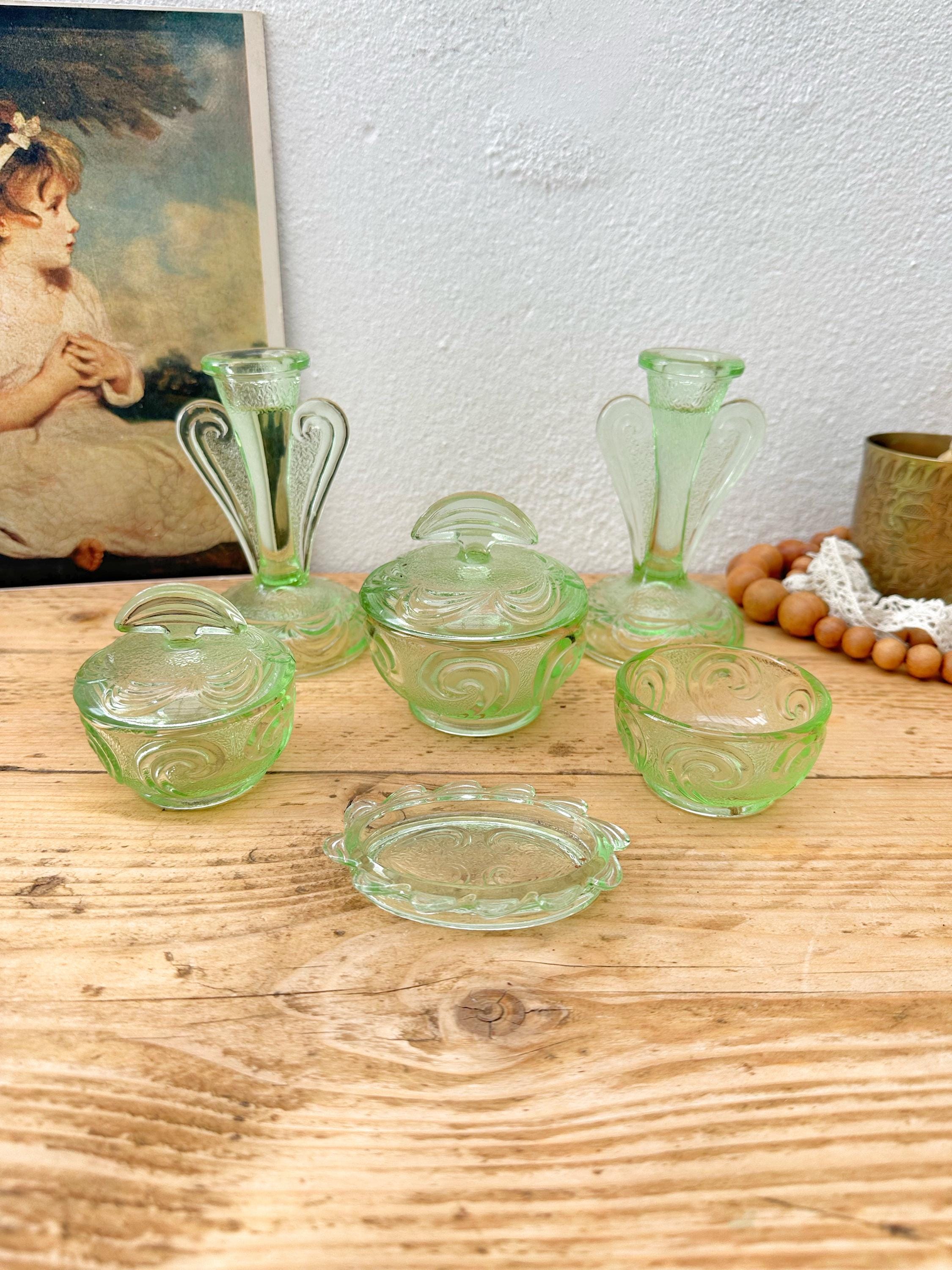 Art Deco Green Pressed Glass Set: Vintage Dressing Table Decor - Etsy