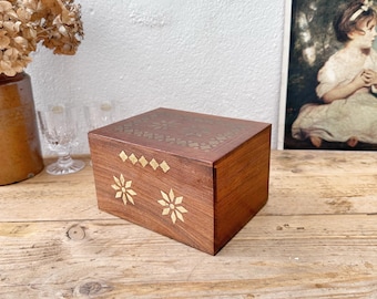 Vintage Wood and Brass Inlay Storage Box - Hinged Lid Opening with Brass Pattern - Rectangular Trinket Box