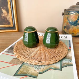 Apilco Bistro Salt and Pepper Shaker Set in Emerald Green with Gold Rim - French Vintage Tableware - Apilco Dinnerware Condiment Pot
