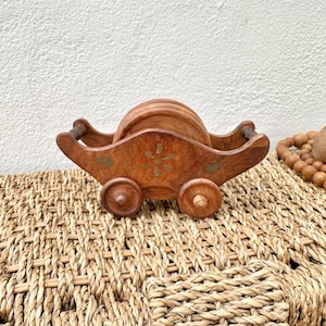 Set of Six Wooden Vintage Drink Coasters in Wheeled Cart - Decorative Brass Inlay Holder with Plain Coasters