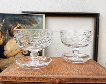 Webb Corbett Vintage Pair of Cut Crystal Footed Sundae Dishes - Coupe Dessert Glass - Georgian Style Cut Glass