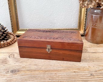 Wooden Box with Decorative Brass Inlay and Clasp - Vintage Sectional Storage Retro Box