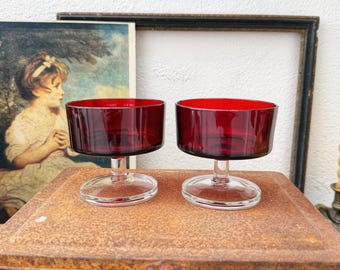 Luminarc Ruby Red Dessert Glasses - Pair of Vintage French Bistro Tableware Dishes