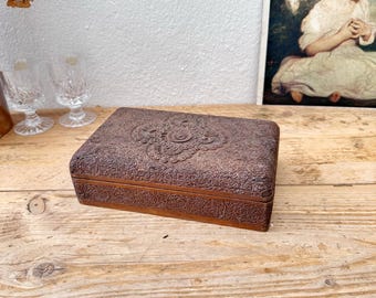 Dark Wood Hand Carved Vintage Box - Floral Wood Trinket Box with Hinged Lid