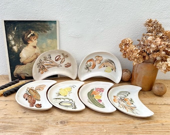 Ceramic Half Moon Vegetable and Fruit Plates - Set of Six Vintage Crescent Antipasti Dishes - Glazed Kitchen Decor
