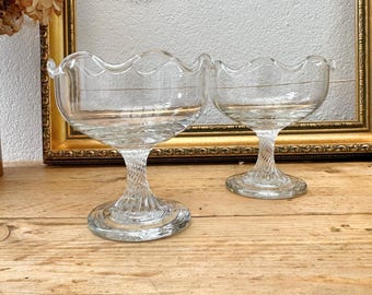 DEMA Glass Pair of Vintage Sundae Ice Cream Dessert Dishes - Gelato Bowl - Crimped Rim with Twisted Stem