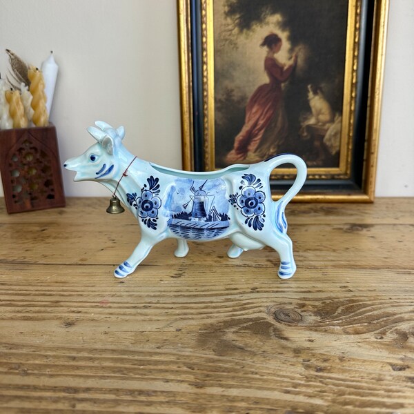 Dutch DBL Blue Cow Creamer / Milk Jug / Vintage Delft Pottery - Holland / Netherlands