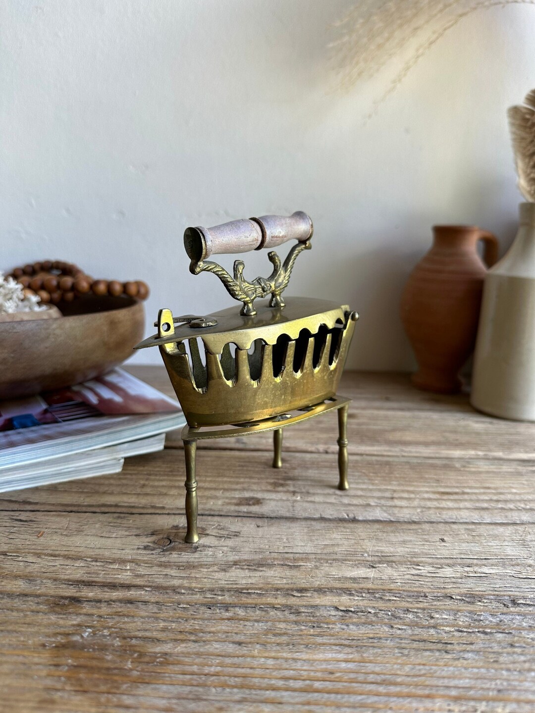 Vintage Brass Coal Iron With Trivet Solid Brass Charcoal Etsy