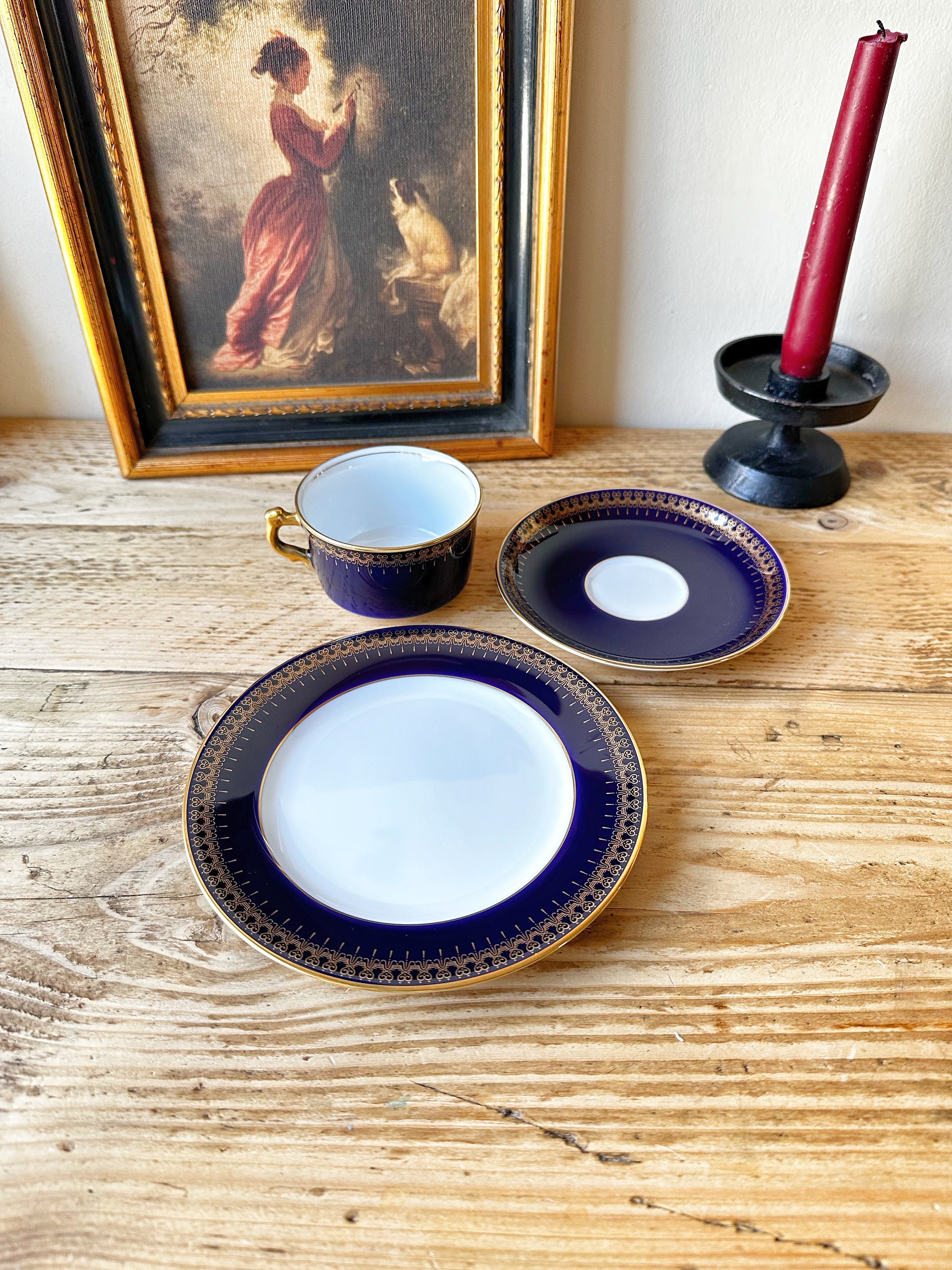 Romanov Collection Cobalt Blue Gold Trim 2 Tea Sets 2 Cups