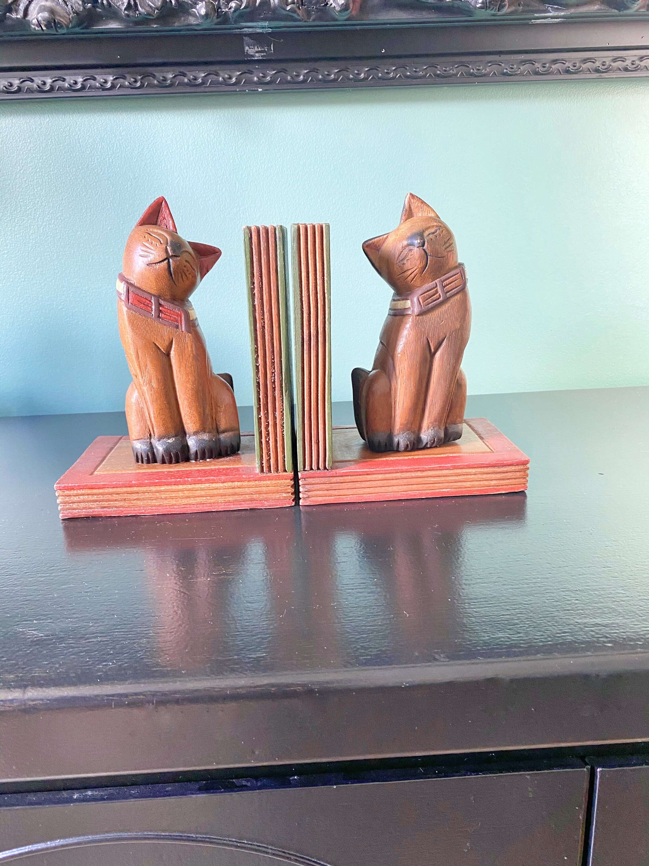 Vintage Wooden Cat Bookends Wood Book end with a Cat on each Etsy