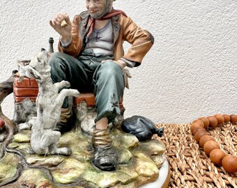 Vintage Capodimonte Figurine of an Old Man Feeding Dog, Tyche