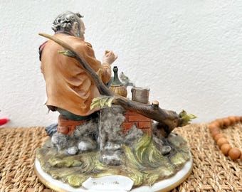 Vintage Capodimonte Figurine of an Old Man Feeding Dog, Tyche