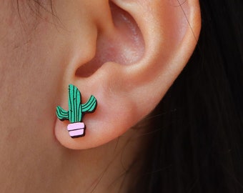 Cactus Studs - wooden succulents plant lover accessories, bamboo laser cut sustainable earrings, hypoallergenic surgical steel posts