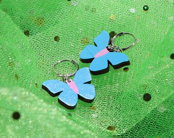 Blue & Pink Butterfly Huggie Hoop Earrings - Handpainted Pastel Wooden Butterflies | Sustainable Laser cut Lightweight Bamboo