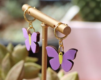 Purple & Yellow Butterfly Huggie Hoop Earrings - Handpainted Pastel Wooden Butterflies | Sustainable Laser cut Lightweight Bamboo