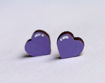 Heart Mini Stud Earrings in Lilac - handpainted sustainable lightweight bamboo ply