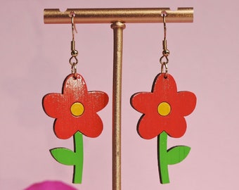 Cute Orange Flower with Leaf Earrings - handpainted sustainable lightweight bamboo wood, hypoallergenic hooks or clip-ons, Made in Sydney