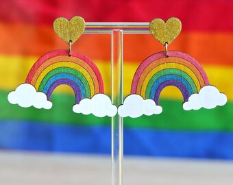 Glitter Rainbow Cloud Earrings with Gold Glitter Sparkly Heart Topper - handpainted sustainable bamboo ply, lightweight drop stud earrings