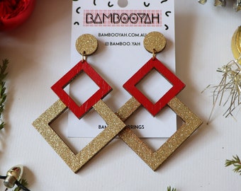 Diamond Red and Gold Glitter Dangle Statement Earrings