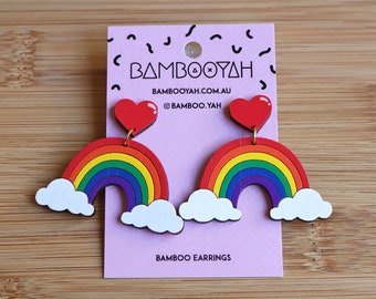 Classic Rainbow Cloud Earrings with Heart Topper - handpainted sustainable bamboo ply, lightweight drop stud earrings