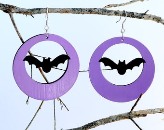 Lavender Bat Hoop Circle Dangle Earrings - Hand painted, sustainable lightweight laser cut bamboo ply