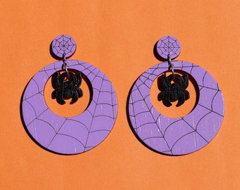 Spiderweb Mod Hoops with Spider Dangling in Lavender - hand painted, sustainable lightweight laser cut bamboo ply halloween earrings