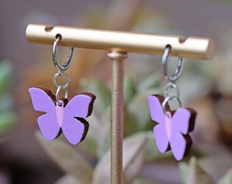 Purple & Pink Butterfly Huggie Hoop Earrings - Handpainted Pastel Wooden Butterflies | Sustainable Laser cut Lightweight Bamboo