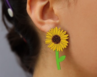 Sunflower Maxi Stud Earrings - yellow flower, handpainted sustainable lightweight bamboo, clip-on, hypoallergenic sterling silver