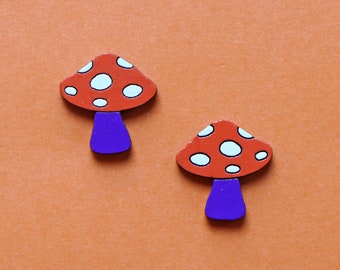 Orange & Purple Shroom Studs - 70s psychedelic mushrooms mushies earrings, handpainted sustainable bamboo, hypoallergenic surgical steel